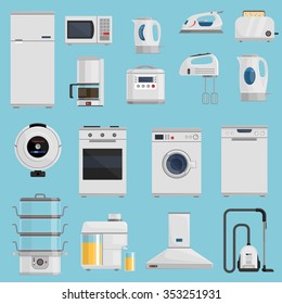 Household appliances icons set with microwave fridge and vacuum cleaner on blue background flat isolated vector illustration 