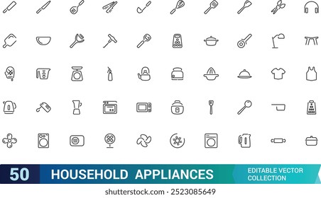 Household appliances icons set. Related to refrigerator, dishwasher, cooker, washing machine, gas stove, kitchen hood and more, Editable stroke.