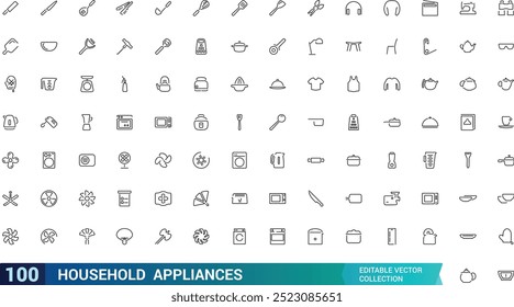 Household appliances icons set. Related to refrigerator, dishwasher, cooker, washing machine, gas stove, kitchen hood and more, Editable stroke.