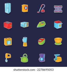 Household appliances icons set stikers collection vector with shadow on purple background