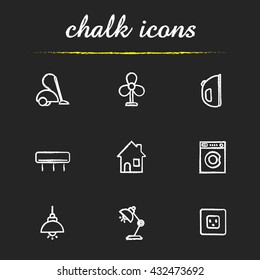 Household appliances icons set. Vacuum cleaner, ventilator, iron, air conditioner, house, washing machine, ceiling and table lamp and power rosette illustrations. Isolated vector chalkboard drawings