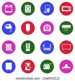Household Appliances Icons. White Flat Collection In Circle. Vector Illustration.