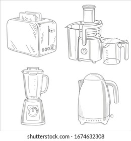 
Household appliances isolate on white background. Blender, juicer, kettle, toaster.