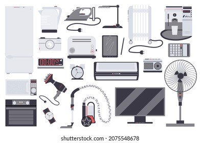 Household appliances isolated elements set. Bundle of refrigerator, iron, kettle, toaster, microwave, oven, TV, vacuum cleaner, fan and more. Creator kit for vector illustration in flat cartoon design