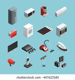 Household appliances isometric icons set with vacuum cleaner refrigerator washing machine and coffee maker isolated vector illustration 