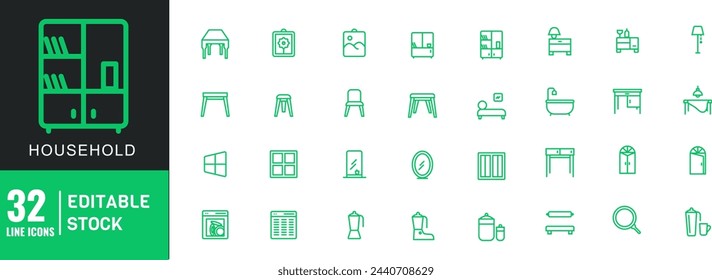 Household appliances Items Line Icon Set. Blender, hairdryer, electric oven. Vector Illustration .	
