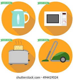 Household appliances, kitchen appliances, kettle, microwave, toaster, vacuum cleaner. Flat design, vector.