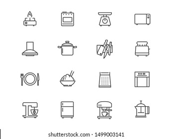 Aparatos domésticos e iconos lineales vectoriales de cocina. Paquete de símbolos de esquema de cocina. Colección de iconos de herramientas de cocina ilustraciones de contorno aislado. Escalas. Microondas. Tostadora. Caldera eléctrica