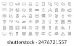 Household appliances line icon set. Computer monitor, web camera, keyboard, air conditioner, intercom, fridge, dishwasher outline vector illustration. Linear pictogram for electronics