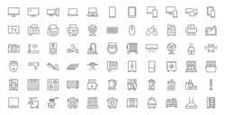 Household appliances line icon set. Computer monitor, web camera, keyboard, air conditioner, intercom, fridge, dishwasher outline vector illustration. Linear pictogram for electronics