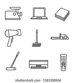 Household appliances line icon set in minimalist style. Black line sign on white background. Meat grinder, laptop, hair dryer, air conditioning and other  