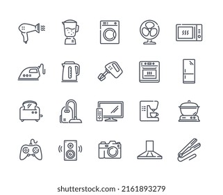 Household appliances line icon set. Washing machine, kettle and hair dryer, microwave, refrigerator and iron. Design elements for apps. Cartoon flat vector collection isolated on white background