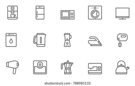 Household Appliances Line Icons contains Washing Machine, Kettle, Microwave Oven, Hob, Blender, Fridge, Coffee Maker and more. Editable Stroke. 48x48 Pixel Perfect.