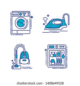 Household appliances line icons set.  Home and kitchen electronics. Vector elements: washing machine, steam iron, vacuum cleaner, dishwasher. Isolated template. Editable stroke.