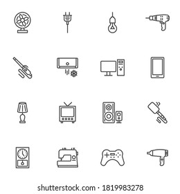 Household appliances line icons set, outline vector symbol collection, linear style pictogram pack. Signs, logo illustration. Set includes icons as electric plug, air conditioner, pc computer, phone