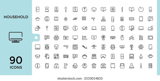 Household appliances line icons set. Collection of gas stove, kitchen hood, washing machine, dishwasher, cooker. Editable stroke. Pixel perfect.