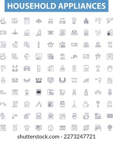 Household appliances line icons, signs set. Iron, Vacuum, Kettle, Blender, Stand mixer, Toaster, Refrigerator, Stove, Washer outline vector illustrations.