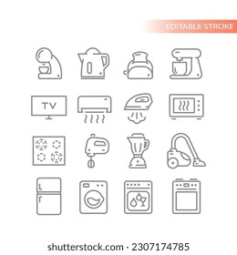 Household appliances line vector icon set. Home appliances, oven, stove outline icons.