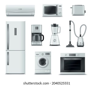 Household appliances monochrome realistic set with refrigerator washing machine stove oven vacuum cleaner toaster blender vector illustration