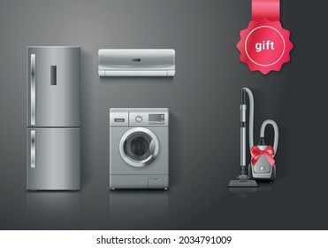 Household appliances must have kitchen gadgets gift ideas realistic image with refrigerator washing machine vacuum cleaner vector illustration