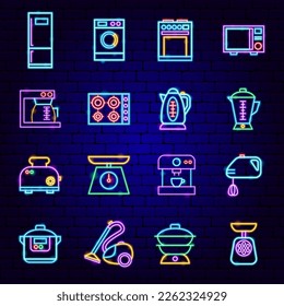 Los Aparatos Domésticos Disponen De Iconos De Neón. Ilustración vectorial de los gadgets de cocina.