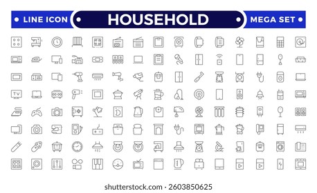 Household appliances outline icon set such as toaster, blender, hairdryer, electric range, video and photo camera. 
