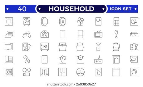 Household appliances outline icon set such as toaster, blender, hairdryer, electric range, video and photo camera. 
