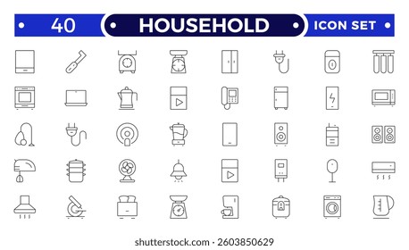 Household appliances outline icon set such as toaster, blender, hairdryer, electric range, video and photo camera. 
