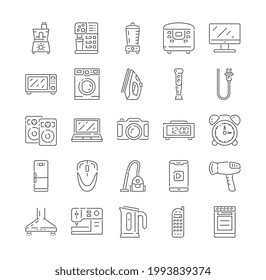Household Appliances Outline Linear Icons Set. Home, Kitchen Electronics. Domestic Technology. Fridge, Mouse, TV Set, Mixer, Dishwasher, Oven, Stove. Vector Illustrations Isolated on White Background