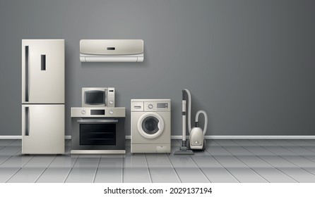 Household appliances realistic monochrome relocation image with refrigerator washing machine vacuum cleaner stove kitchen hood vector illustration