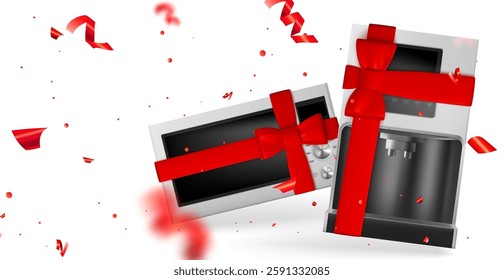 Household appliances with red ribbons and bows. Kitchen utensils - microwave oven and coffee maker flying with confetti. 3d vector illustration of modern home appliances for sale or bonus concept.