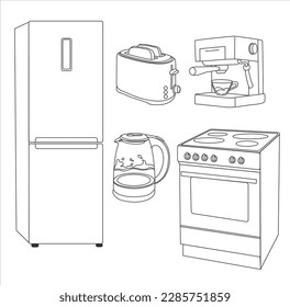 
Household appliances, refrigerator, electric kettle, toaster, electric stove. Hand drawing. isolate on white background.