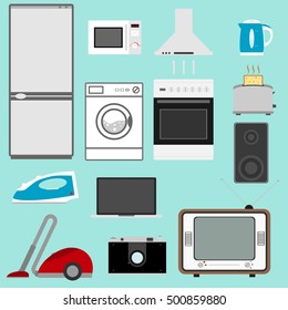 Household appliances. Refrigerator, microwave, washing machine, cooker, extractor fan, electric kettle, toaster, iron, laptop, vacuum cleaner. Flat design, vector illustration. Vector.