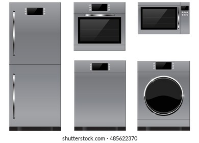 Household appliances. Refrigerator, oven, microwave, washing machine, dishwasher. Vector illustration isolated on white background