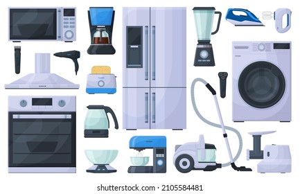 Household appliances, refrigerator, vacuum cleaner and microwave oven. Cooking and cleaning tools, washing machine, and blender vector illustration. Home technology items refrigerator and microwave