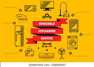 Household appliances repair service, maintenance - inscription on a ribbon. Around are household appliances icons, sign, tools. Vector isolated in retro style for service, store