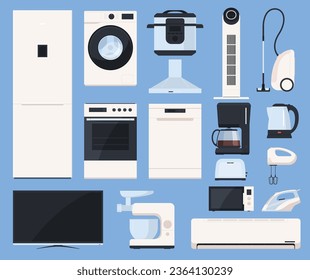 Household appliances. Sale of electronic devices for kitchen, bathroom and living rooms. Electronics store. Vector illustration