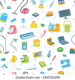 Household appliances seamless pattern. Collection of equipment. Cartoon flat style drawing. Symbols of electronic objects. Iron, scales, camera, lamp. Vector illustration isolated on white background.