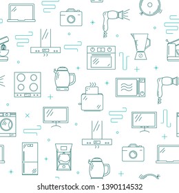 Household appliances seamless pattern. Modern electronics in thin line style.