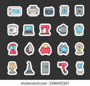 Household appliances set with cute outline illustration clipart featuring home kitchen cooking cleaning technology and electric device elements for creative stock illustrations