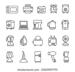 Household appliances set with cute outline illustration clipart featuring home kitchen cooking cleaning technology and electric device elements for creative stock illustrations