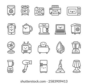 Household appliances set with funny smiling cute kawaii cartoon characters bringing joy to home with kitchen cooking cleaning technology and electric devices for stock illustrations