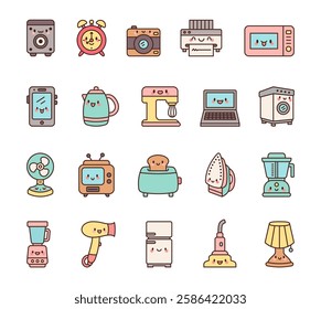 Household appliances set with funny smiling cute kawaii cartoon characters bringing joy to home with kitchen cooking cleaning technology and electric devices for stock illustrations