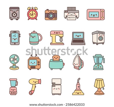 Household appliances set with funny smiling cute kawaii cartoon characters bringing joy to home with kitchen cooking cleaning technology and electric devices for stock illustrations
