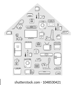 Household appliances set. Home technics. TV, refrigerator, conditioner, dishwasher, oven, kettle, iron, multicooker, blender mixer vacuum cleaner washing machine microwave toster Vector illustratoin
