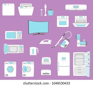 Household appliances set. Home technics. TV, refrigerator, conditioner, dishwasher, oven, kettle, iron, multicooker, blender mixer vacuum cleaner washing machine microwave toster Vector illustratoin