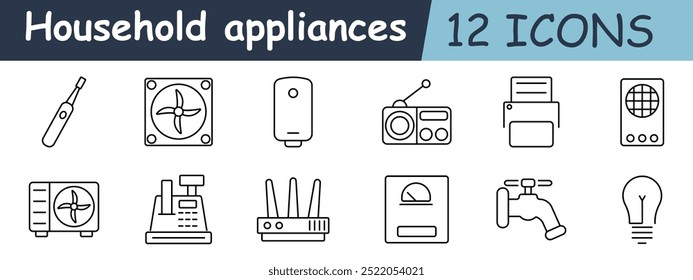 Icono de conjunto de electrodomésticos. Cepillo de dientes eléctrico, ventilador, calentador de agua, radio, impresora, termostato, aire acondicionado, caja registradora, enrutador, báscula, grifo, bombilla.