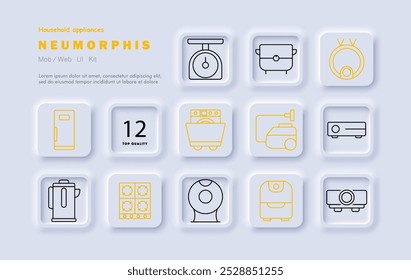 Household appliances set icon. Fridge, kitchen scale, cooker, oven, washer, vacuum, projector, coffee maker, stove, blender, fryer, smart device.