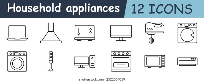 Icono de conjunto de electrodomésticos. Ordenador portátil, campana extractora, tostadora, monitor, mezclador, lavadora, licuadora, ordenador de sobremesa, horno, microondas, secadora, televisión