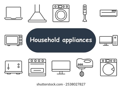 Icono de conjunto de electrodomésticos. Ordenador portátil, campana de cocina, lavadora, batidora de mano, horno, microondas, ordenador de sobremesa, batidora de pie. Lo mejor para la electrónica del hogar y las utilidades de la cocina